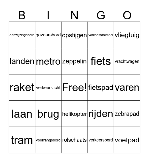 Woorden thema verkeer bingo card