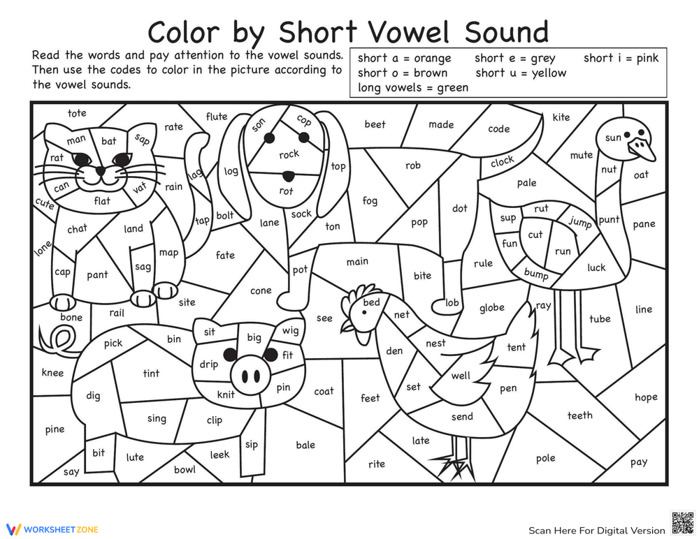 Color by short vowel sound worksheet