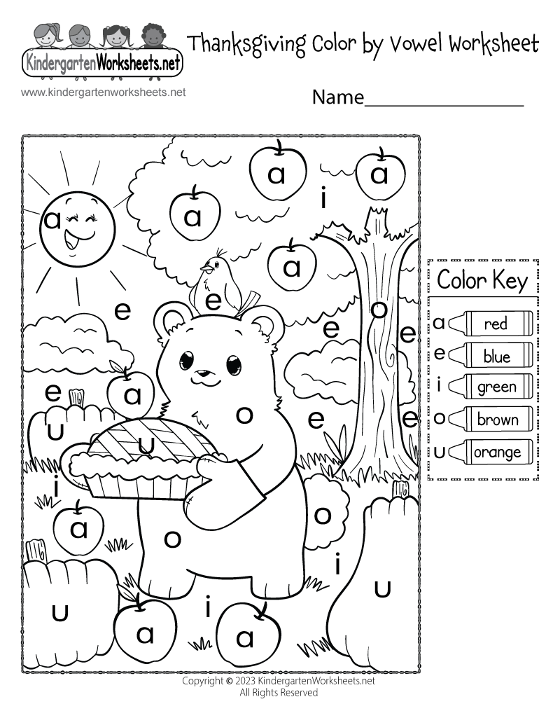 Cute bear color by vowel worksheet
