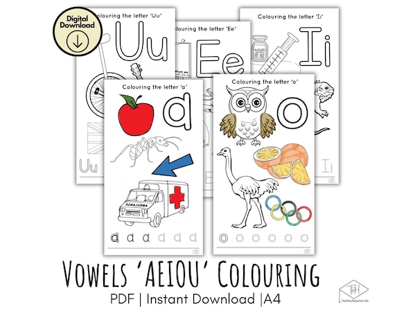 Phonics vowels aeiou letters colouring printable coloring pages a toddler preschool homeschool digital download uppercase lowercase