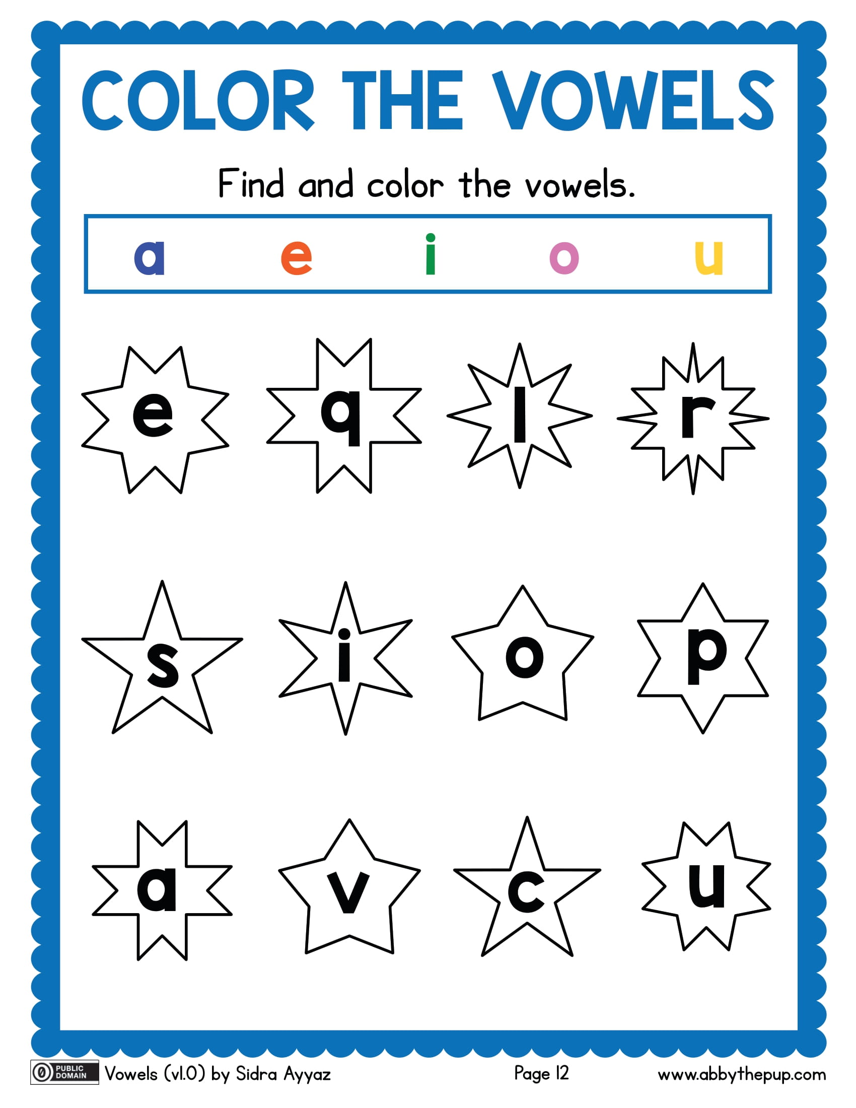 Find and color the vowels free printable puzzle games
