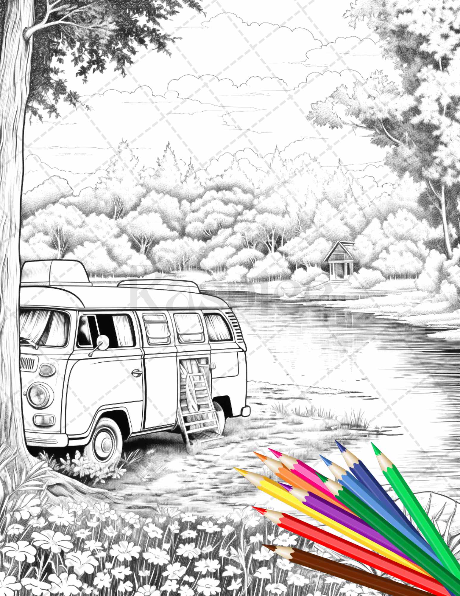 Campervan adventure grayscale coloring pages printable for adults â coloring