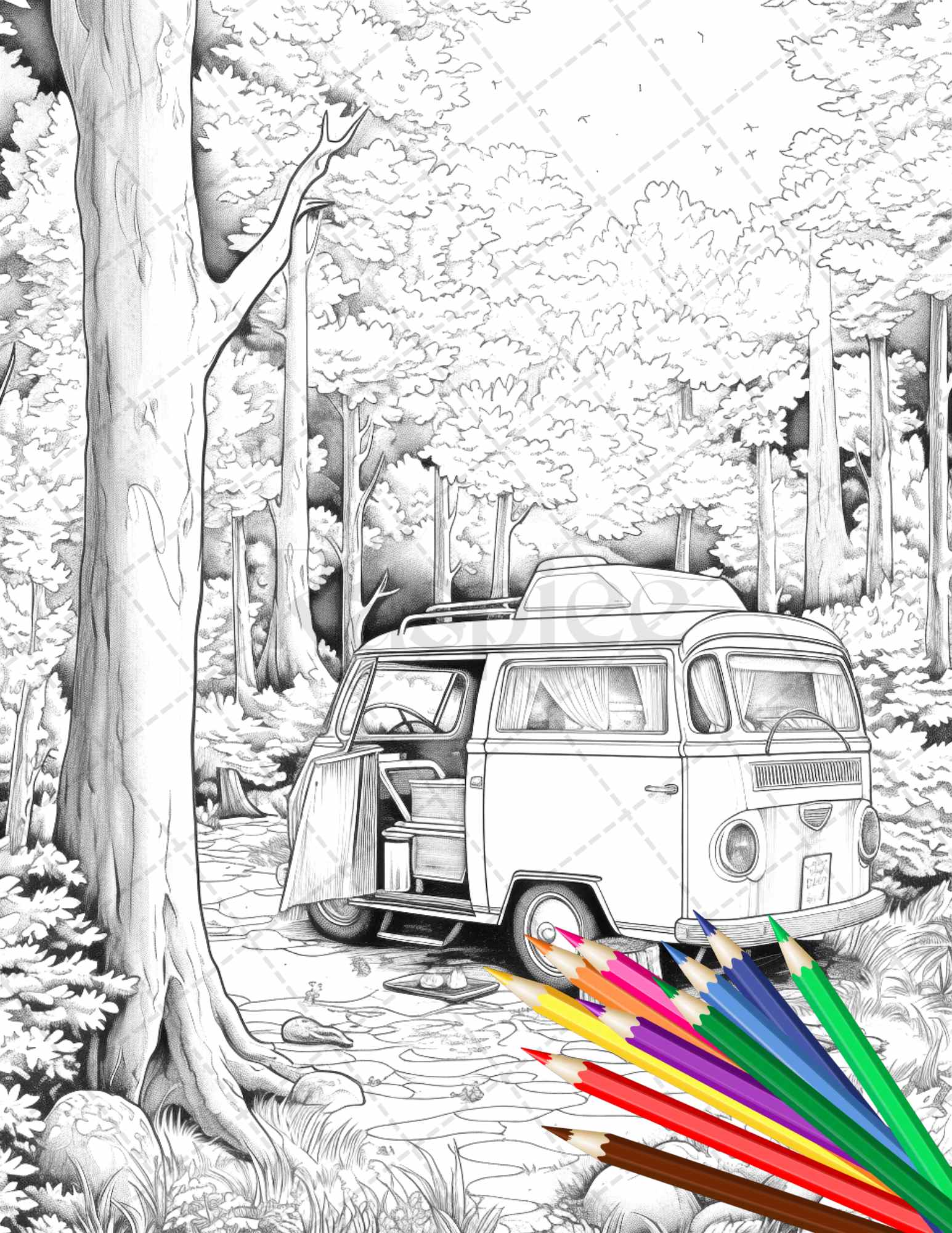 Campervan adventure grayscale coloring pages printable for adults â coloring