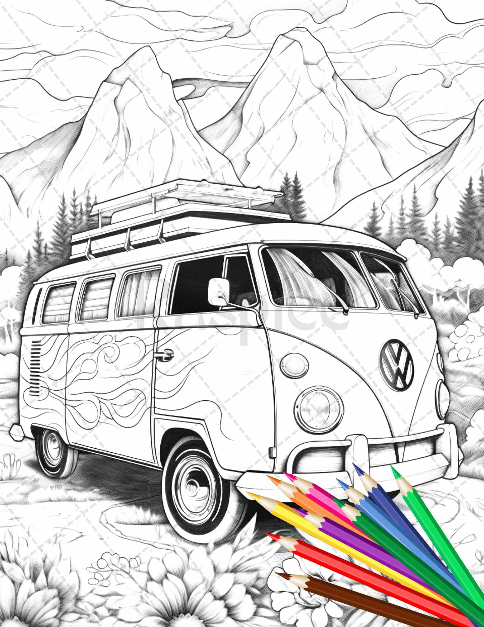 Campervan adventure grayscale coloring pages printable for adults â coloring
