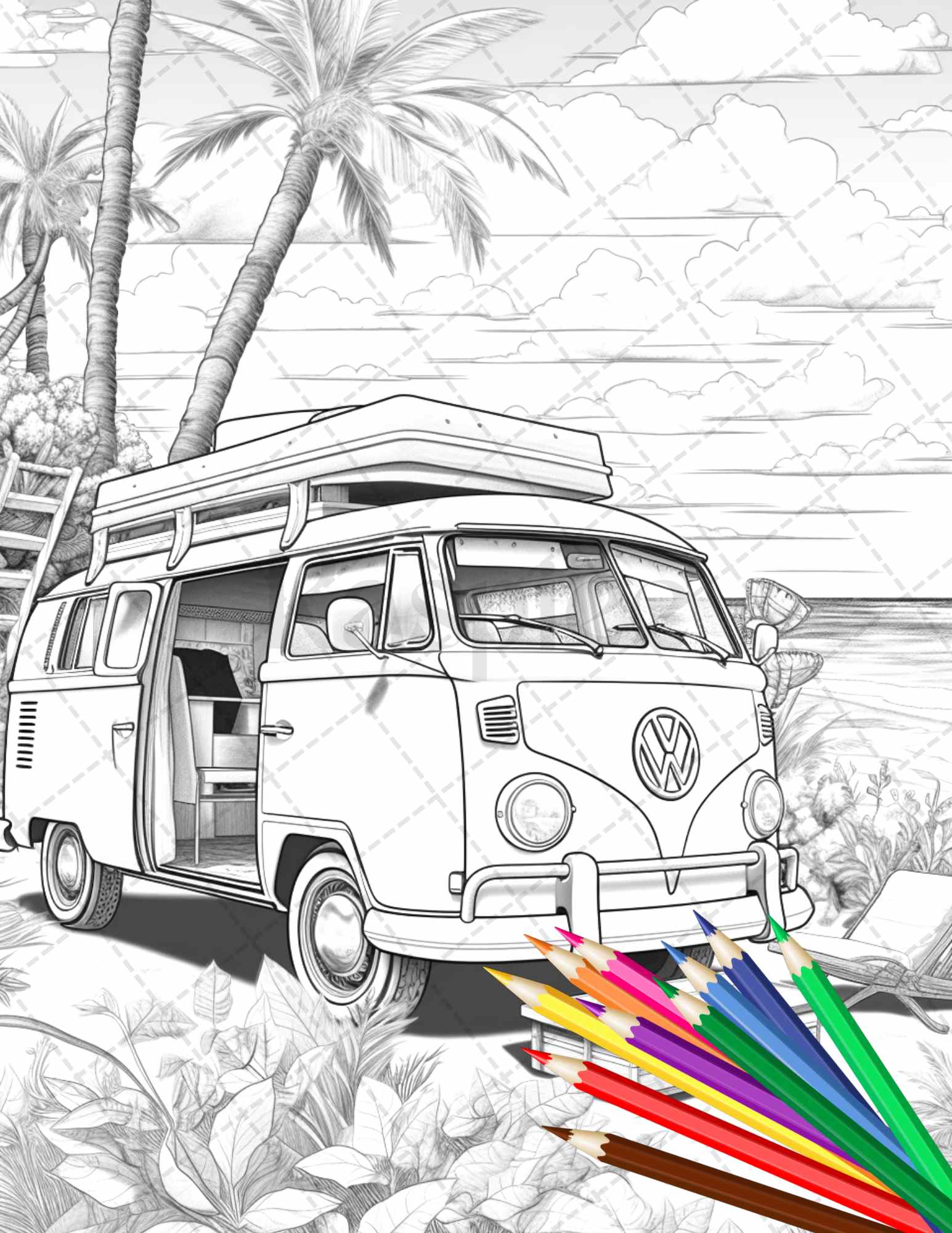 Campervan adventure grayscale coloring pages printable for adults â coloring