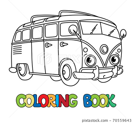 Funny small retro bus with eyes coloring book