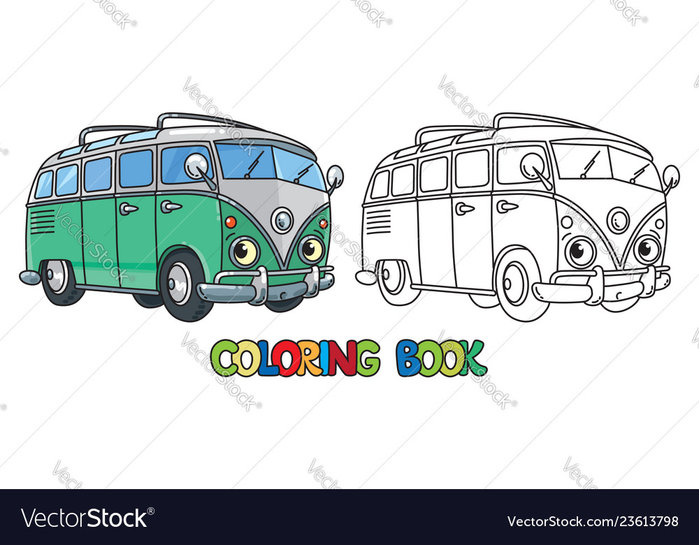 Funny small retro bus or van coloring book vector image