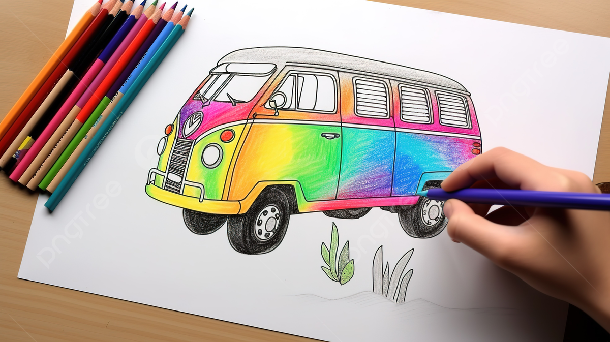 Hand drawing a colorful vw bus on paper background color pictures to draw background image and wallpaper for free download