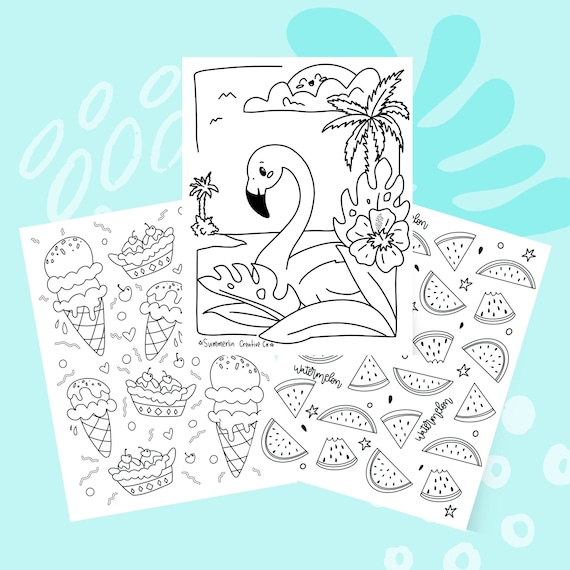 Summer coloring pages with flamingo ice cream and watermelon