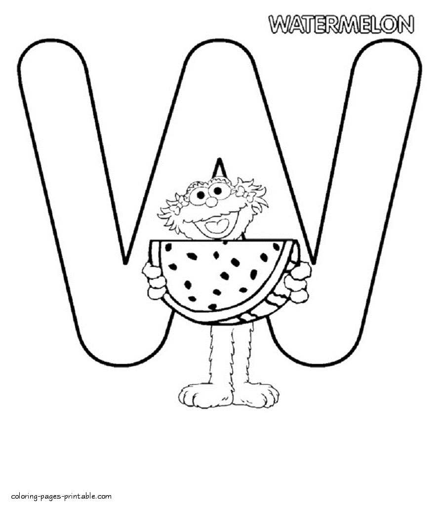 The letter w and abby cadabby with a piece of watermelon coloring page coloring