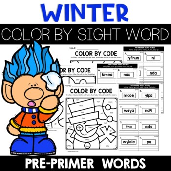 Winter color by sight word unscramble the word worksheets preprimer
