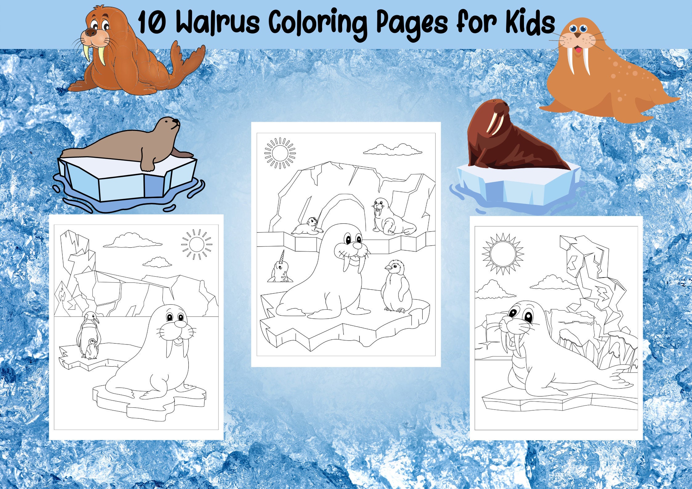 Walrus coloring pages for kids printable pages cute walrus coloring book instant download