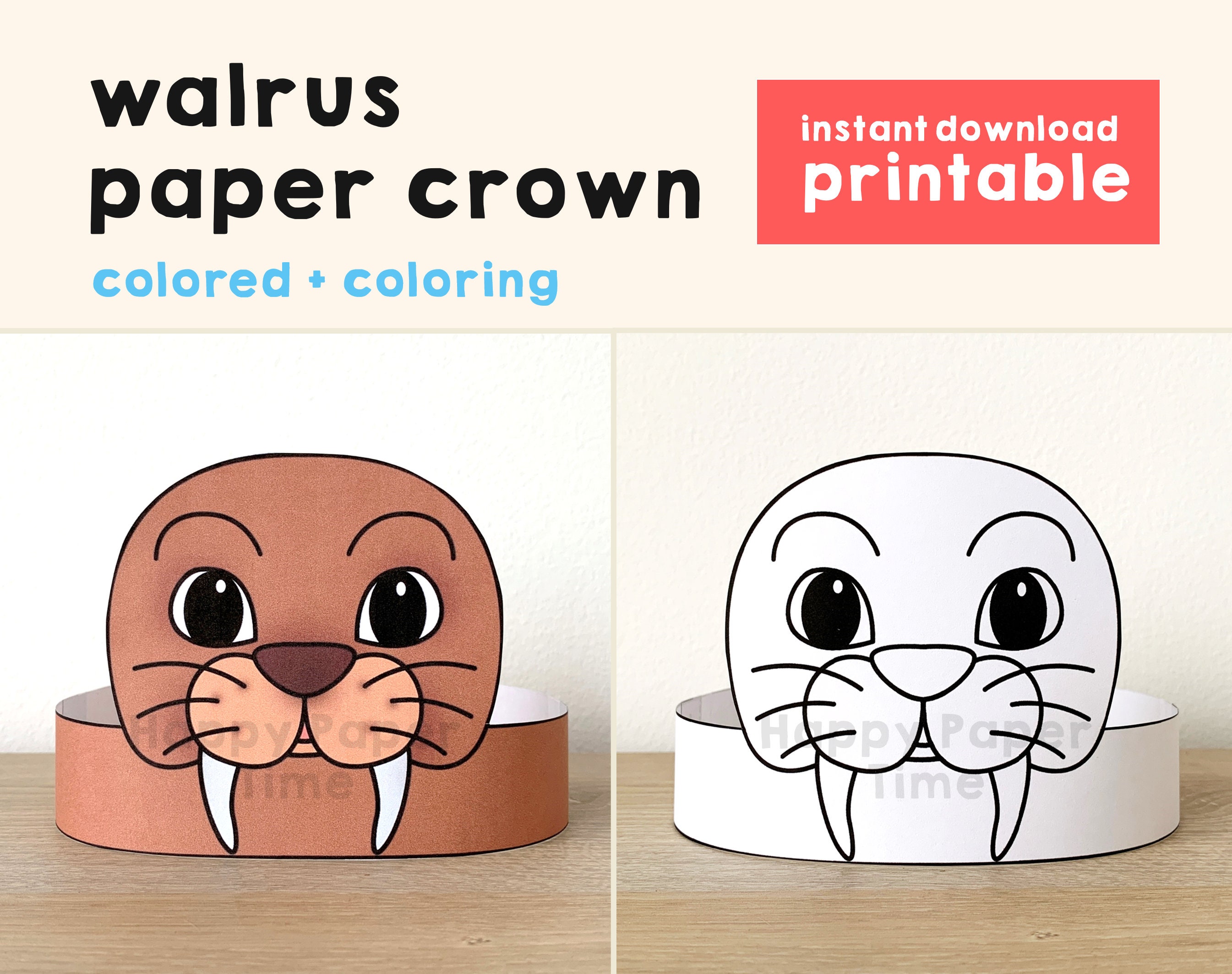 Walrus paper crown party coloring printable kids craft polar ocean animal birthday decor printable favor pdf costume diy instant download