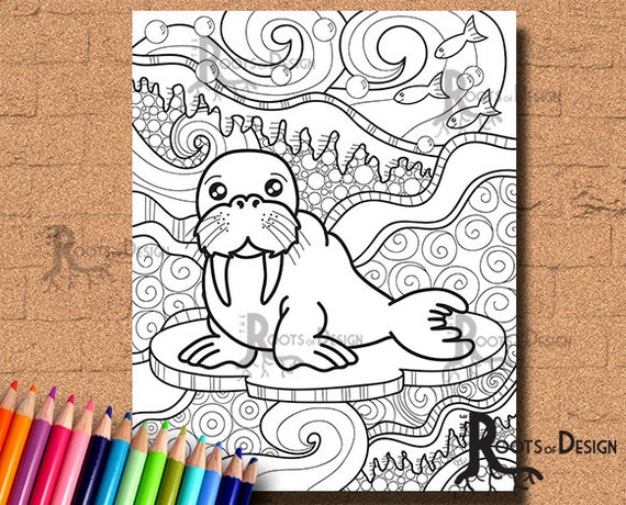 Instant download coloring page walrus print doodle art printable download now