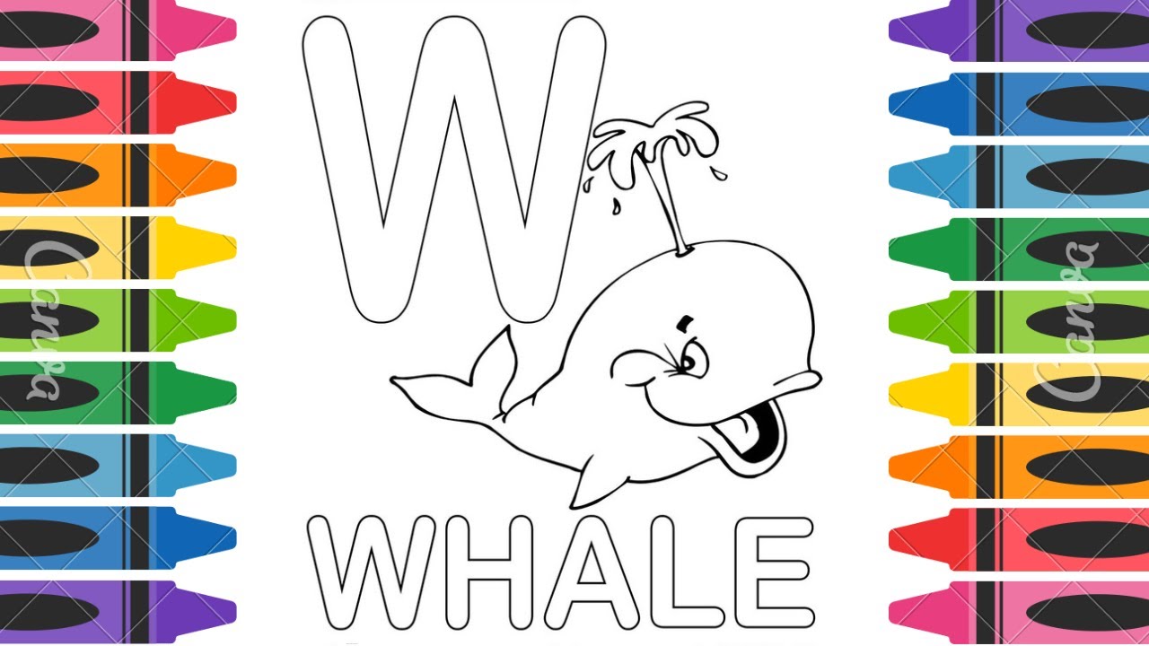Kids learning and coloringw is for whale alphabet w