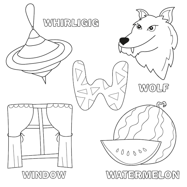 Premium vector black and white cartoon vector illustration of letter w worksheet for preschool and elementary age children coloring book