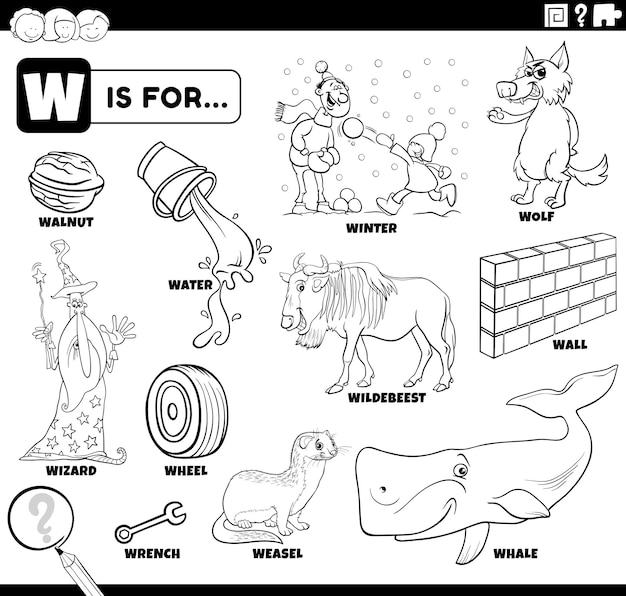 Premium vector letter w words educational cartoon set coloring page