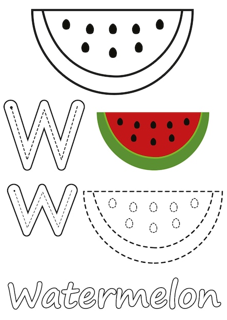 Premium vector coloring pages of watermelon and the letter w suitable for use in childrens coloring books