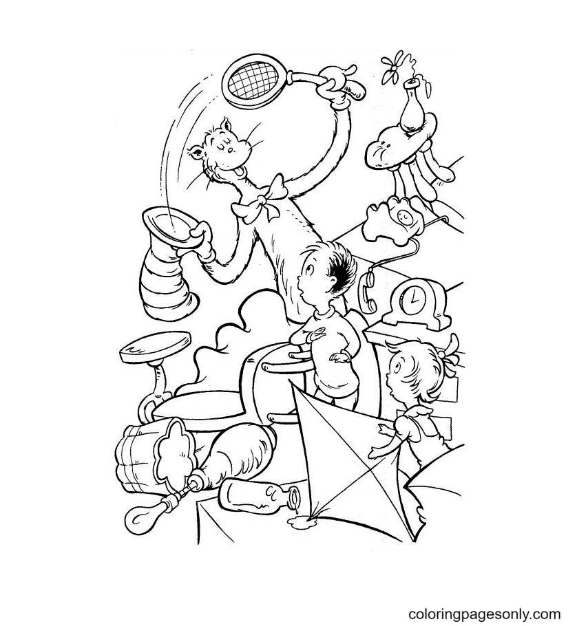 Cat in the hat is playing with sally and the boy coloring page