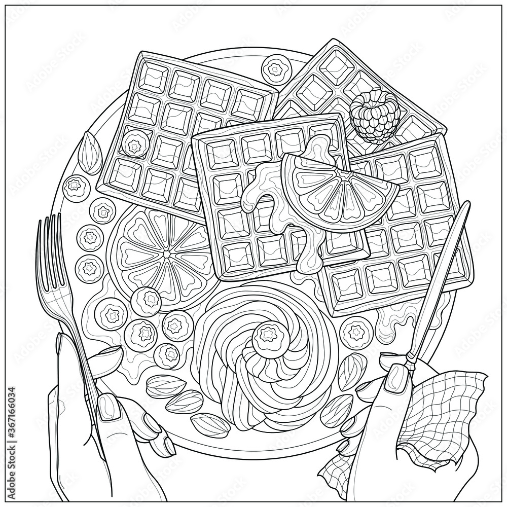 Viennese waffles with cream berries oranges almonds and mint tasty sweetscoloring book antistress for children and adults black and white drawing vector