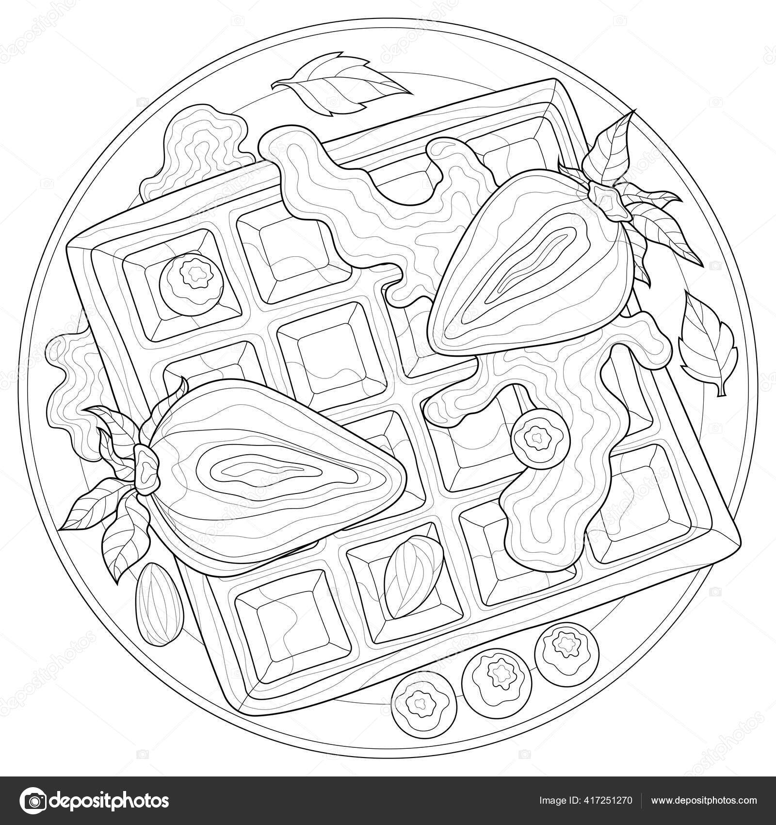 Vienna waffle strawberries blueberries almonds mint coloring book antistress children stock vector by vlasenkoekaterinkagmail
