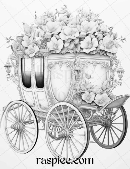 Vintage flower carriage grayscale coloring pages printable for adults â coloring