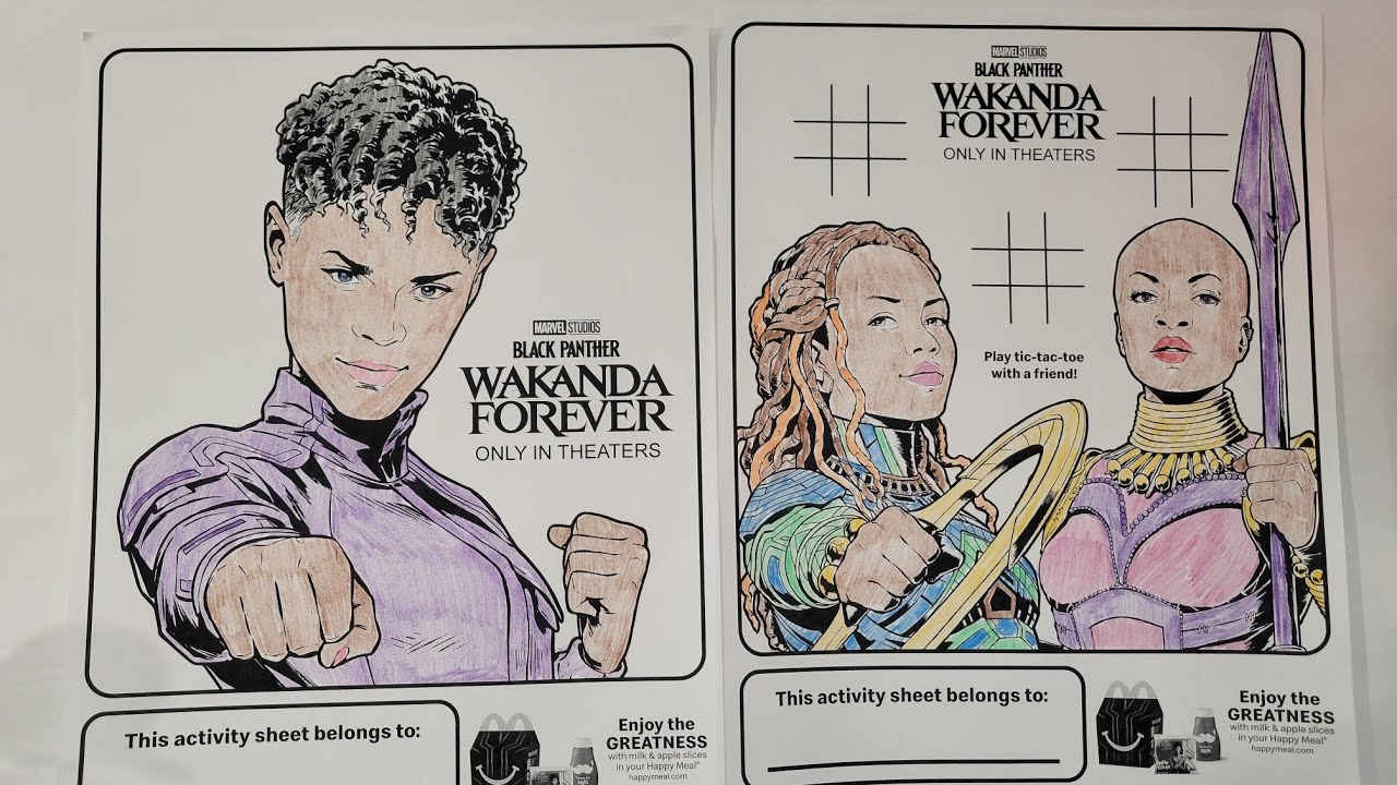 Mcdonalds happy meal coloring pages blackpanther wakandaforever nakia mcdonalds shuri okoye