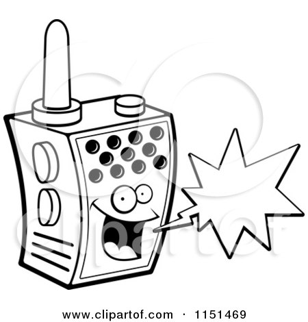 Cartoon clipart of a black and white happy walky talky character with a word balloon