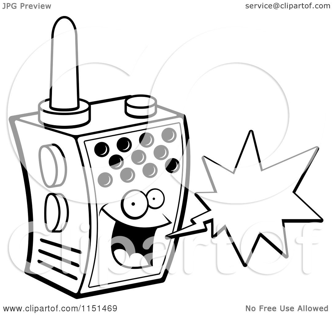 Cartoon clipart of a black and white happy walky talky character with a word balloon