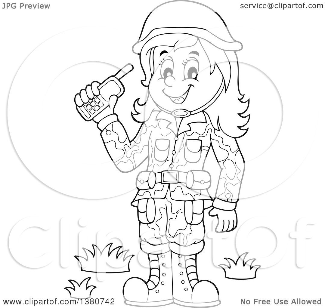 Clipart of a black and white happy female soldier holding a walkie talkie