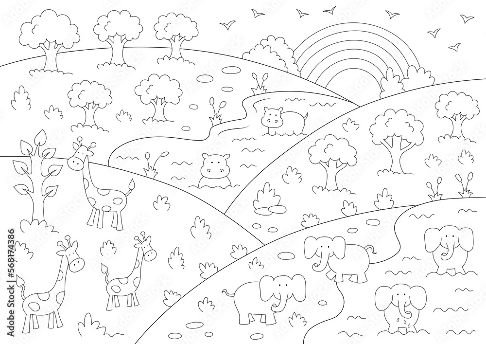 Animals coloring page black and white design that you can print on a paper illustration