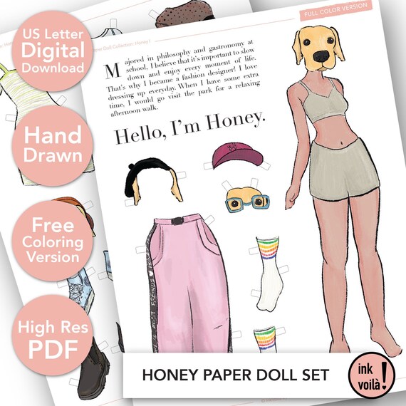 Paper doll play set honey i printable instant digital download hand drawn pdf fashion coloring pages animal dog scrapbook
