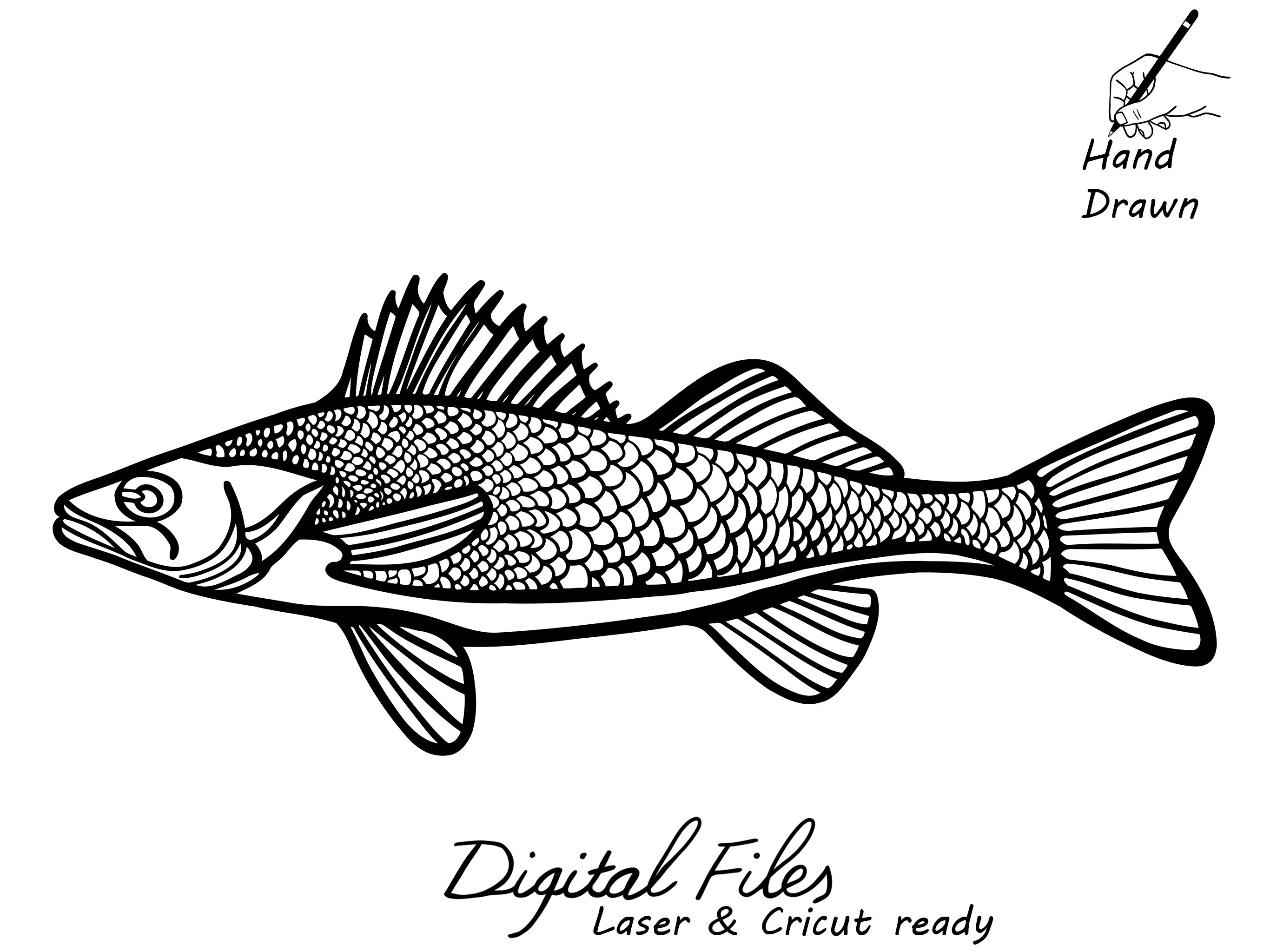Walleye fish hand drawn svg clipart laser cut fish dxf cnc cut fish fish svg for cricut fish scroll saw pattern fish stencil