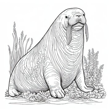 Walrus animal line art illustration black and white coloring page style art generative ai illustration