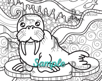 Instant download coloring page walrus print doodle art printable