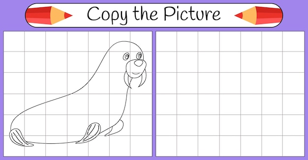 Premium vector how to draw a walrus step by step use grid learning draw drawing tutorial lesson for kids coloring page for book children educational art page vector illustration