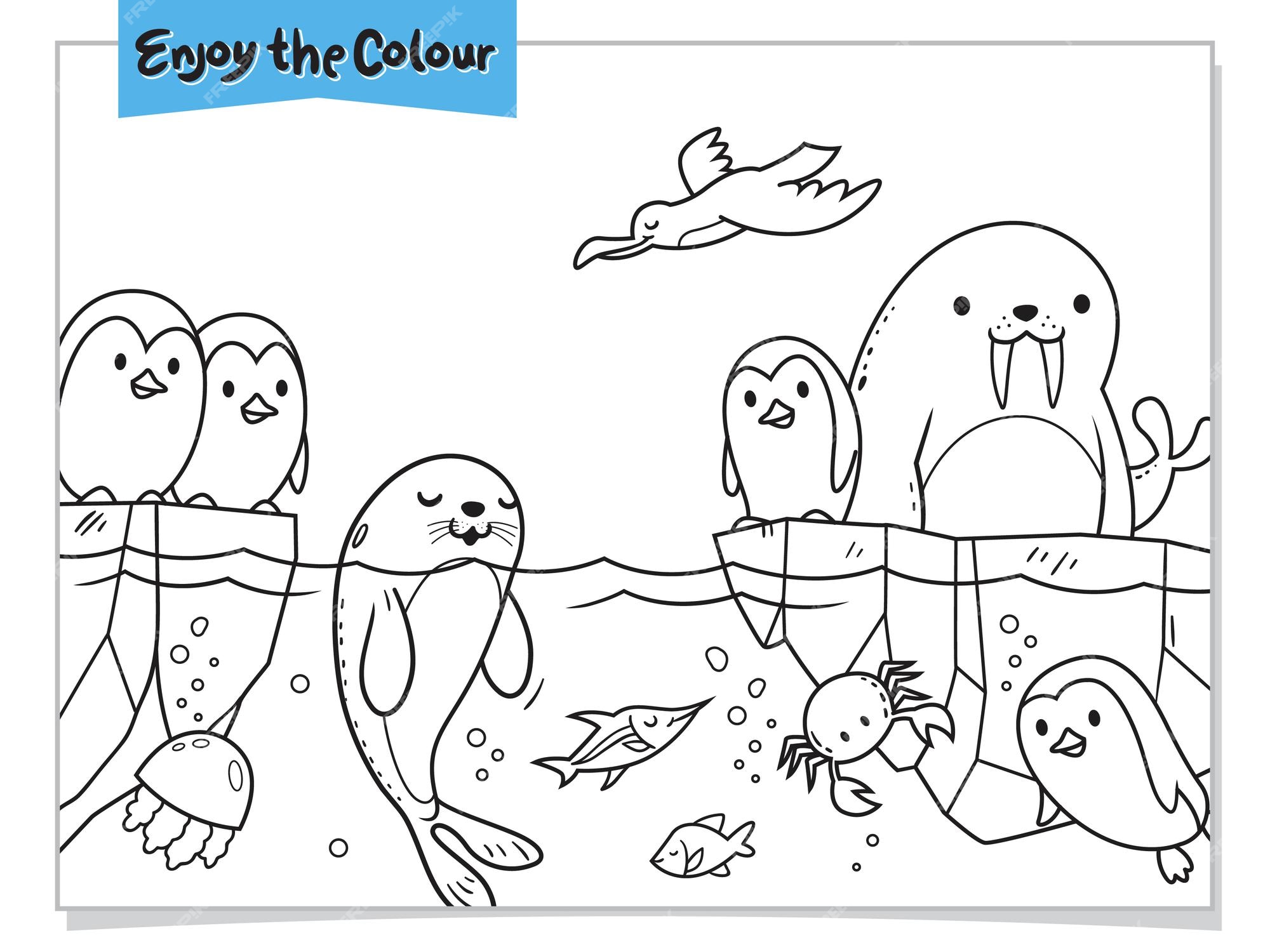 Premium vector animal farm coloring sheet with penguin walrus seal crab tuna and bird