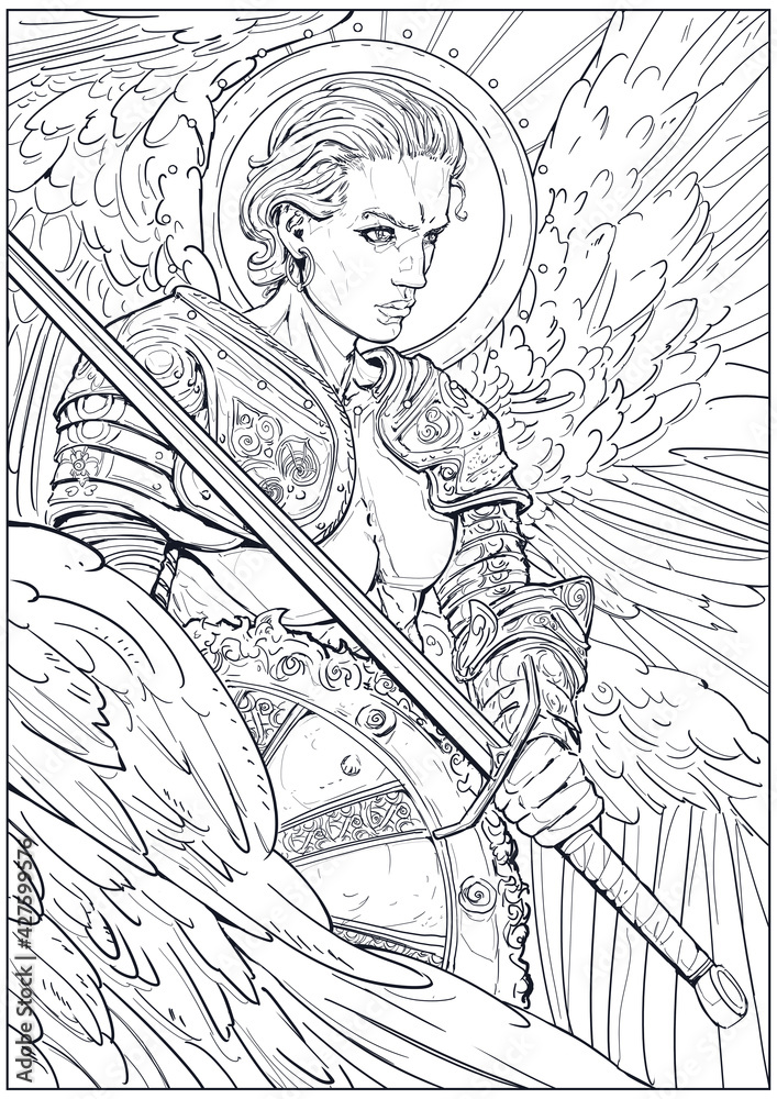 Coloring page for adults handsome warrior angel with an open muscular torso in a plate shoulder with a sword and shield looks menacingly in front of him d illustration illustration