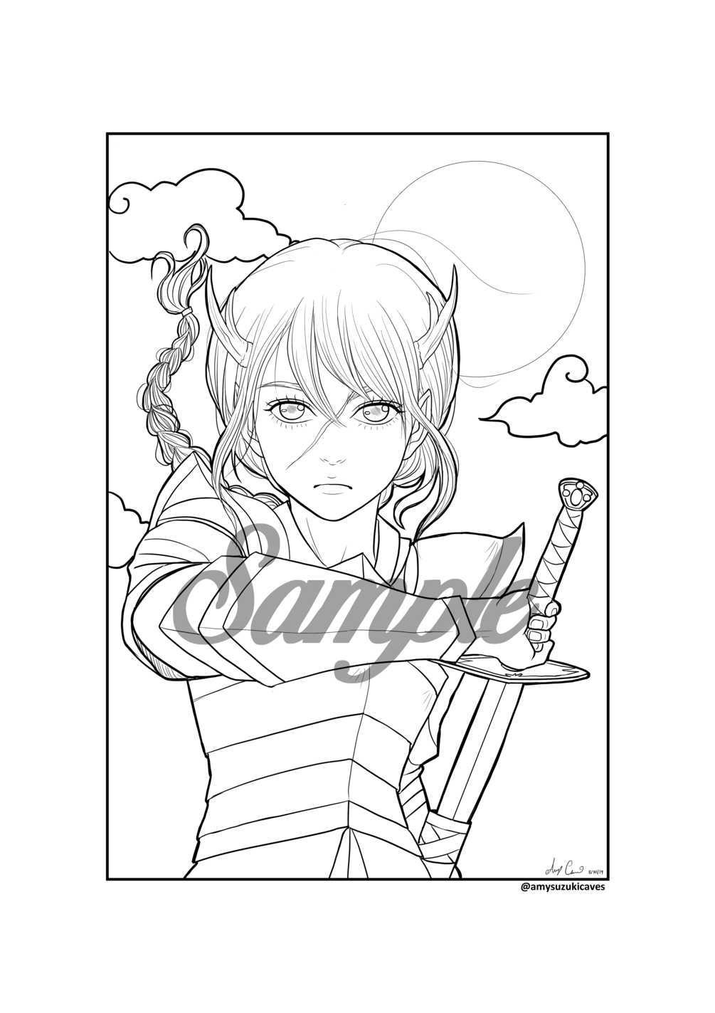 Manga anime style elf girl with warrior elf girl fantasy coloring page