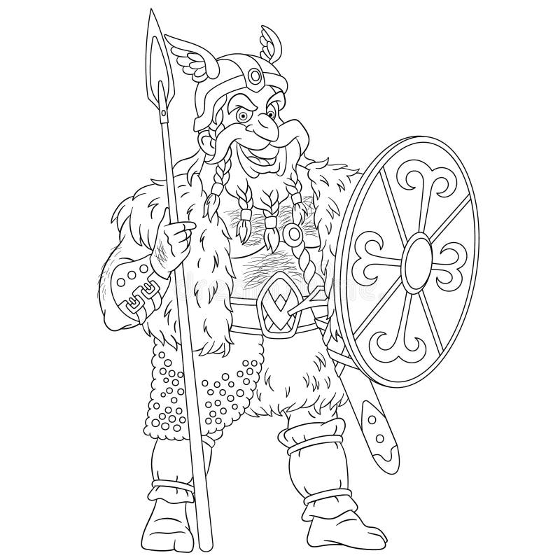 Coloring page with ancient viking warrior stock vector