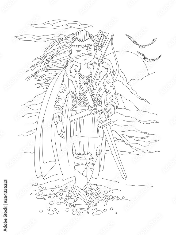 Cute hand draw coloring page with brave girl warrior in ancient wild outfit