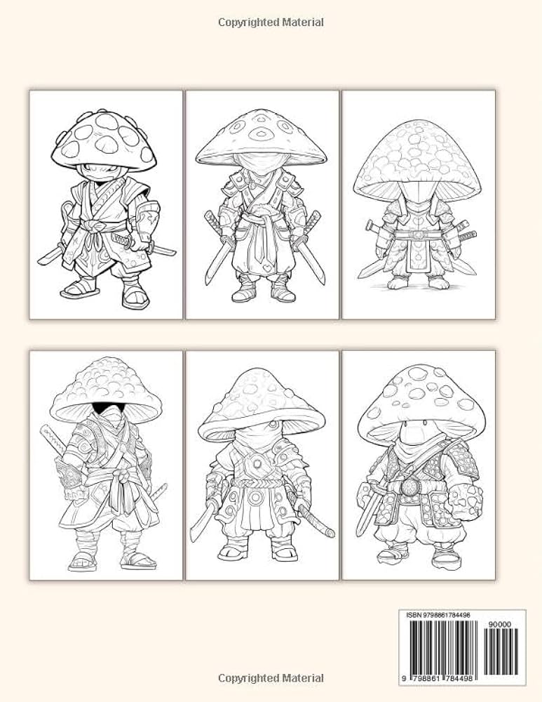 Kawaii mushroom samurai coloring book for adults and kids cute fungi wear japanese ninja samurai warrior outfit in coloring pages with chibi manga anime art style vivid victoria