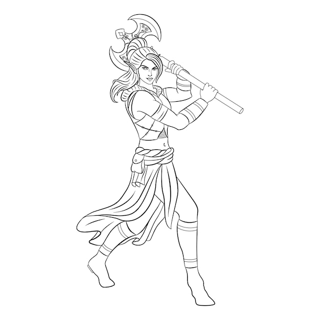 Premium vector female elf warrior with iron ax for coloring page d