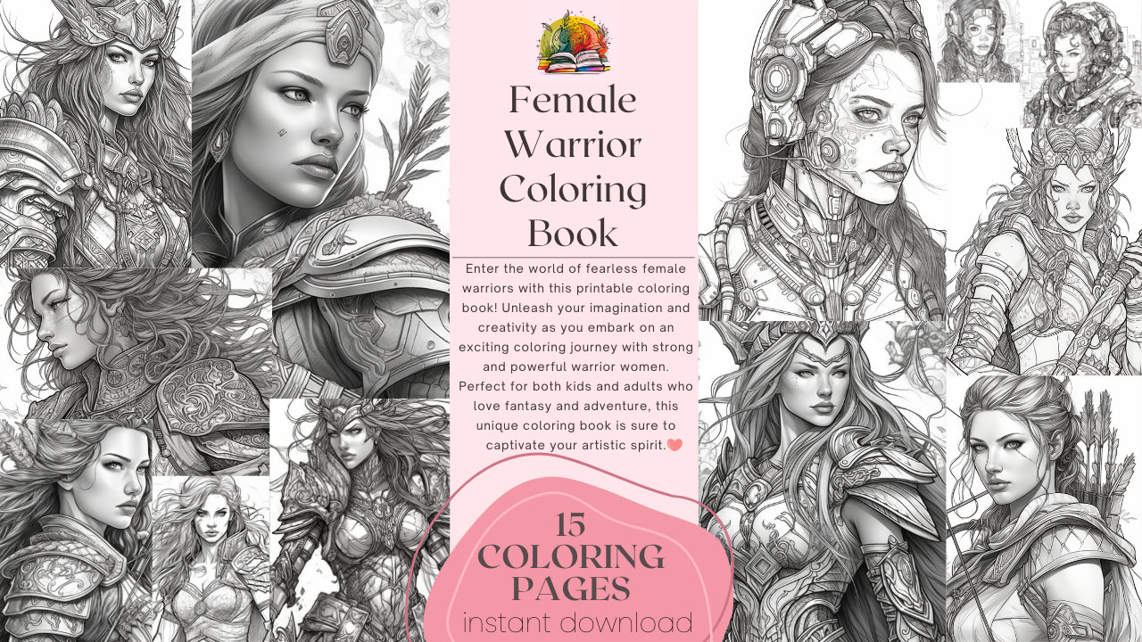 Female warrior greyscale coloring book beautiful woman warrior coloring page printable adult coloring pages digital download pdf