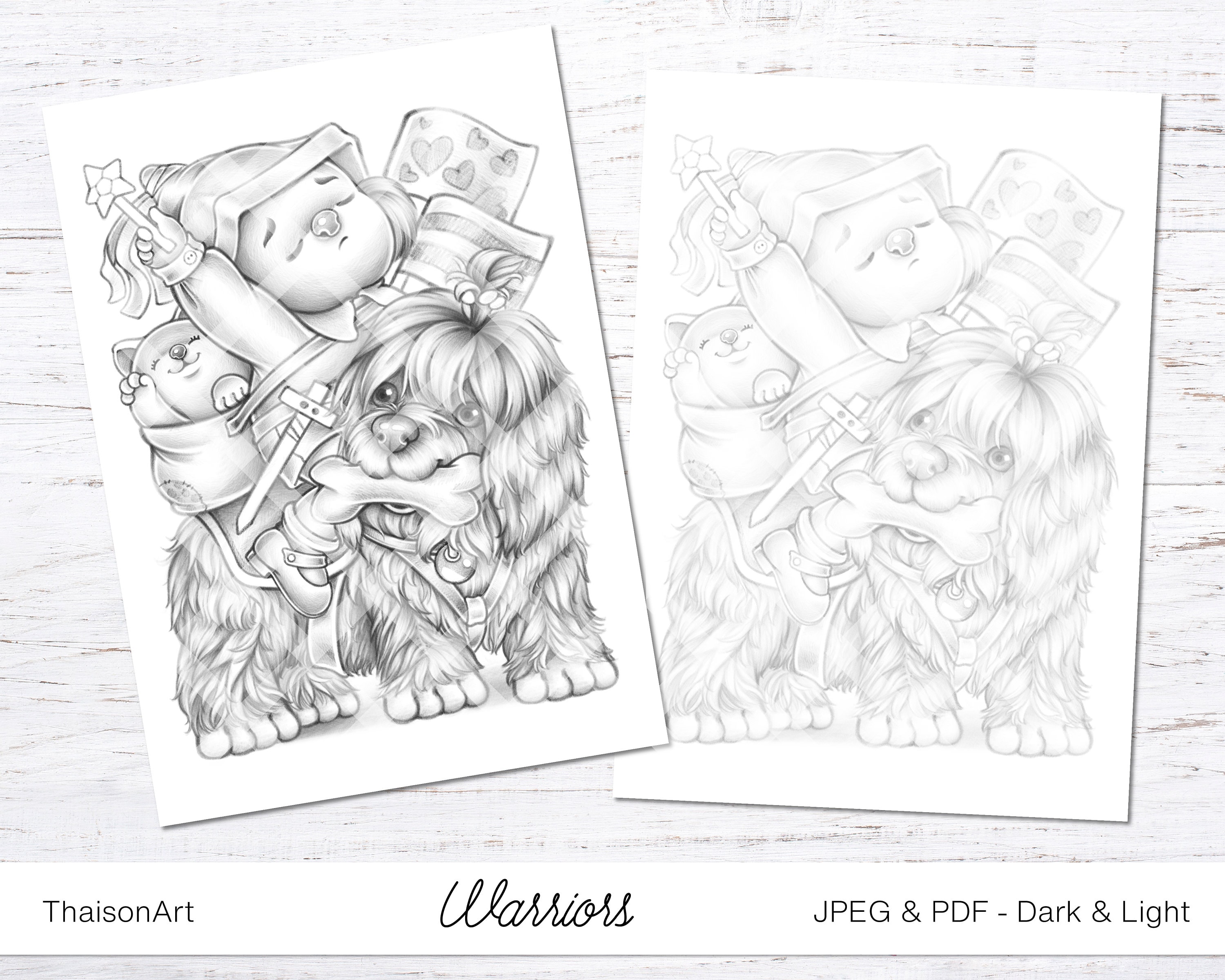 Buy warriors grayscale coloring page printable adult coloring book page little girl dog cat animal children coloring pdf instant download online in india