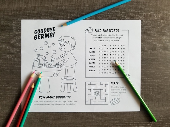 Goodbye germs activity sheet hand washing coloring page word search maze back to school printable