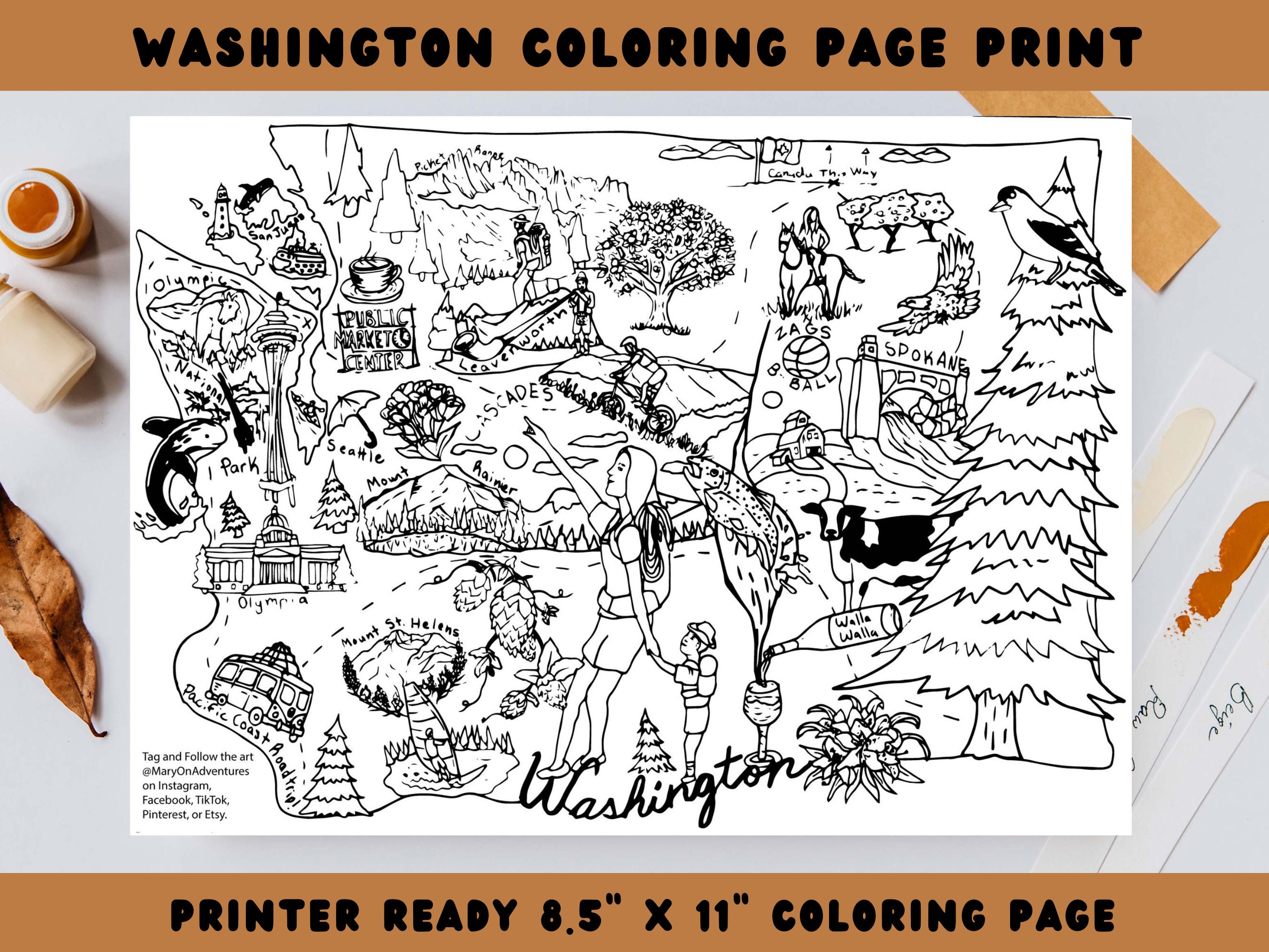 Washington coloring washington art seattle art spokane art coloring page adult coloring coloring book washington state symbols