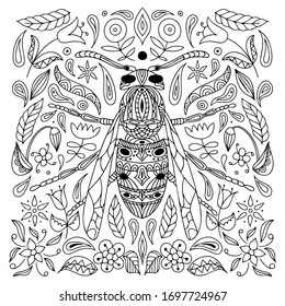 Antistress coloring page insect wasp isolated stock vector royalty free