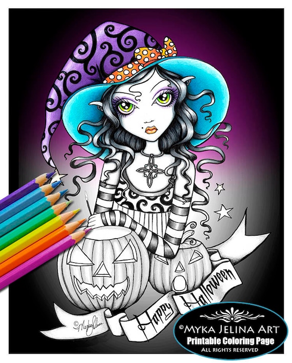 Lisa grayscale digital download coloring page halloween myka jelina art witch pumpkins witchs new year magical