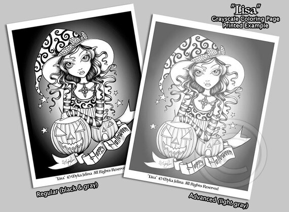 Lisa grayscale digital download coloring page halloween myka jelina art witch pumpkins witchs new year magical